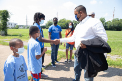 August 25, 2021: Sen. Sharif Street presents a check  to the Shane Victorino Nicetown Boys and Girls Club to rehab a field adjacent to the club to provide safe outdoor recreation for its members.  The club was renamed after the former Phillies centerfielder’s foundation committed $1 million to rehab the indoor facility a decade ago.